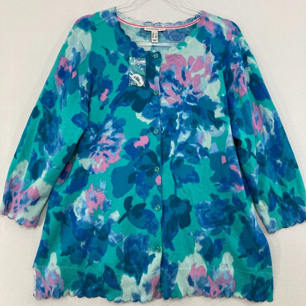 Isaac Mizrahi‎ Cardigan Large Blue Purple Floral Scallop Hem Button Up Preppy